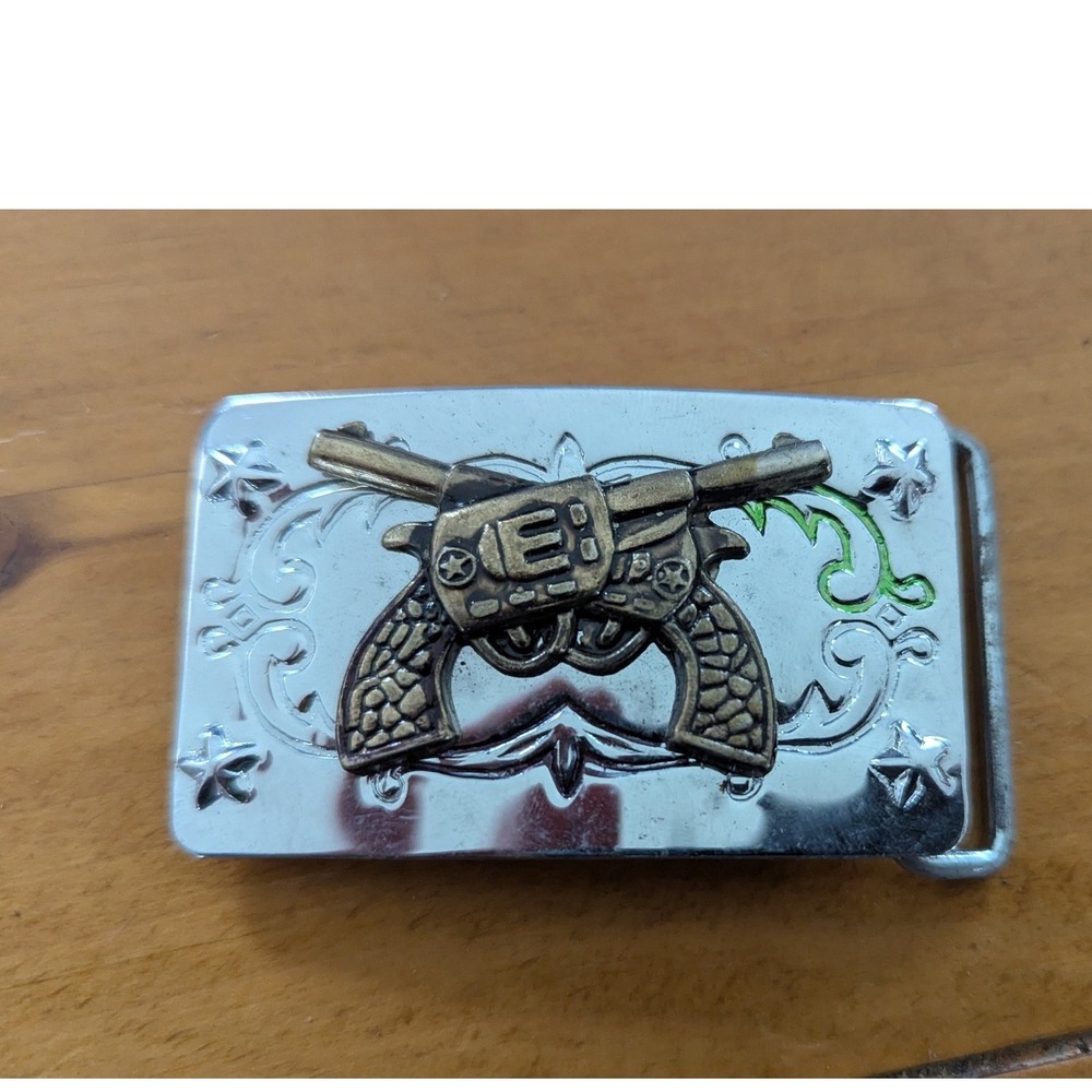 Western Cowboy Double Guns Western Belt‎ Buckle Silver Tone Vintage